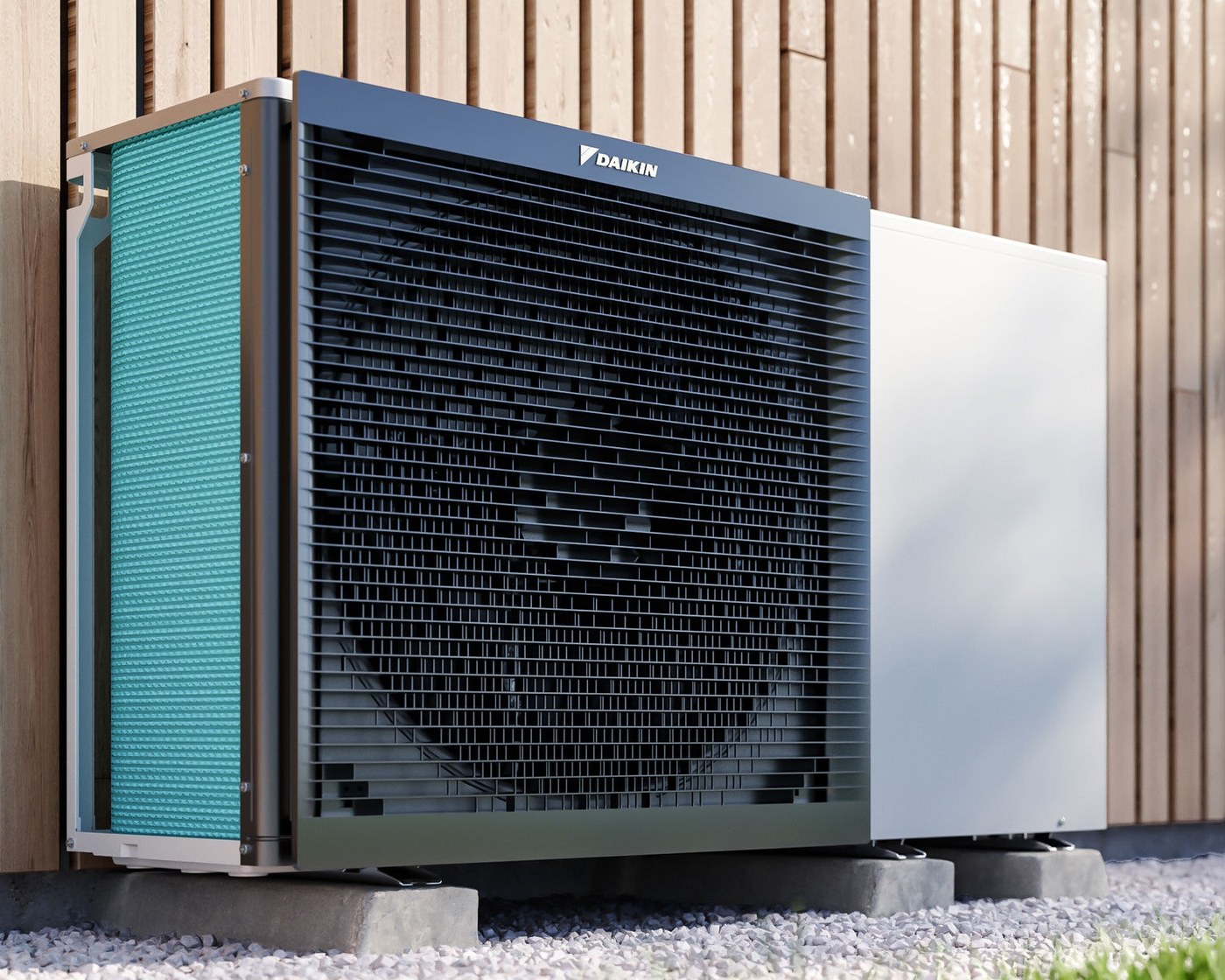 Pompe à chaleur air/eau Daikin Altherma 3 M installée contre un bardage bois